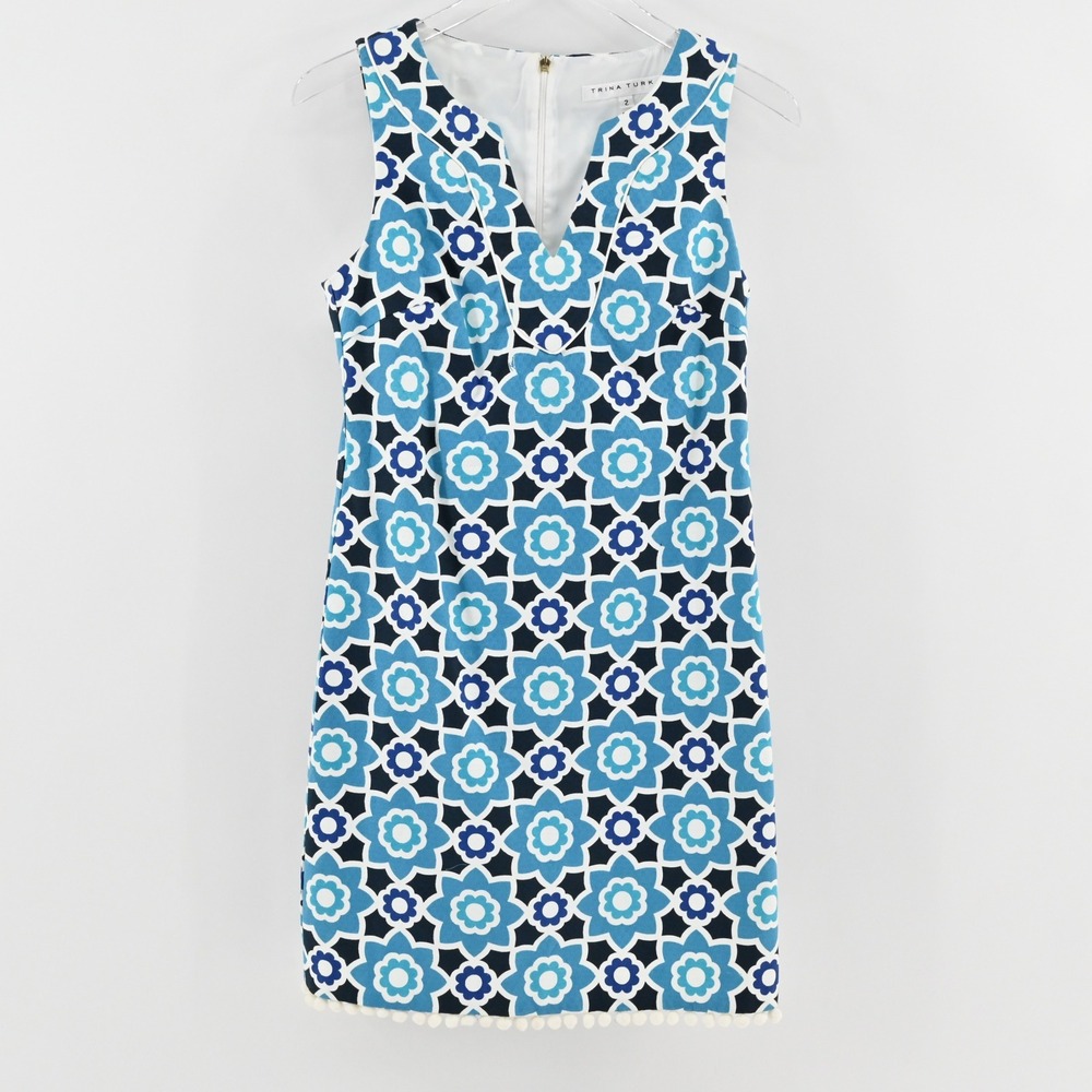 Trina Turk Moroccan Print Shift Dress Size 2 Blue Floral Sleeveless Pom Pom Trim - Picture 2 of 13